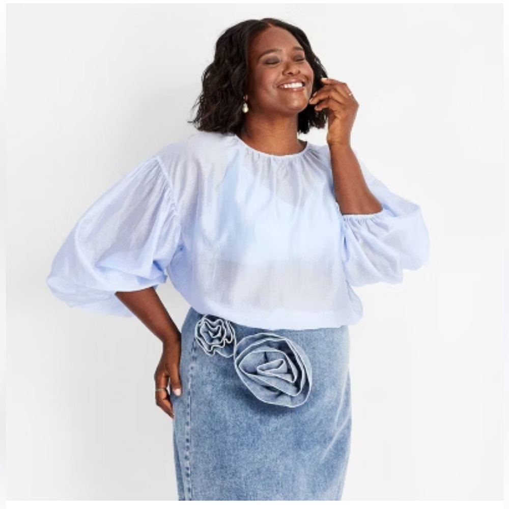 Future Collective Women’s Light Blue Sheer Balloon Long Sleeve Blouse Size 1X